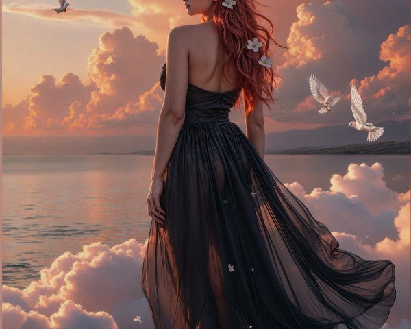 Woman in Black Gown on Clouds at Sunset