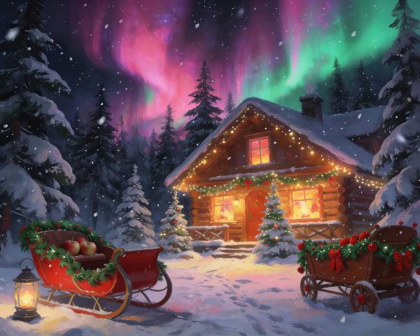 Cozy Christmas Scene in Snowy Forest with Aurora