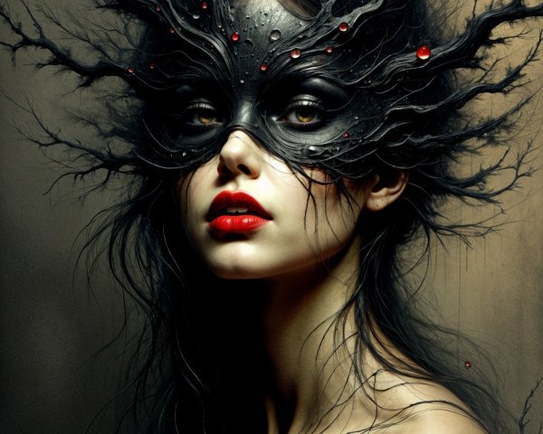 Woman with Intricate Dark Mask and Ethereal Lighting