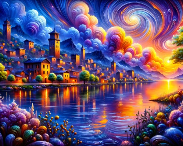 Surreal Landscape of a Town by a Shimmering River