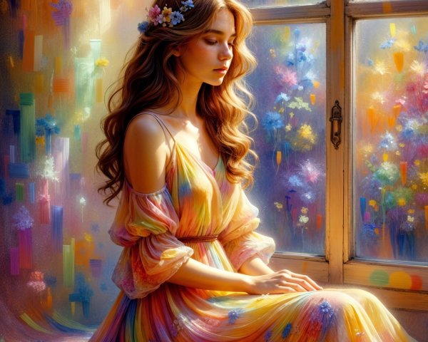 Serene Young Woman by Flower-Adorned Window