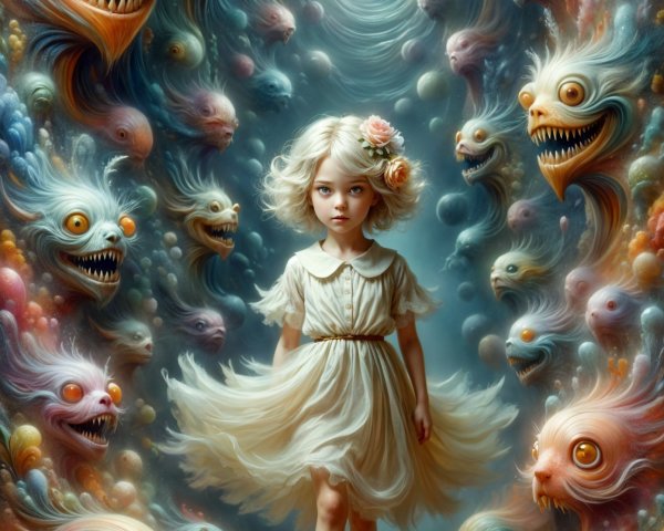 Young girl in white dress amidst whimsical creatures