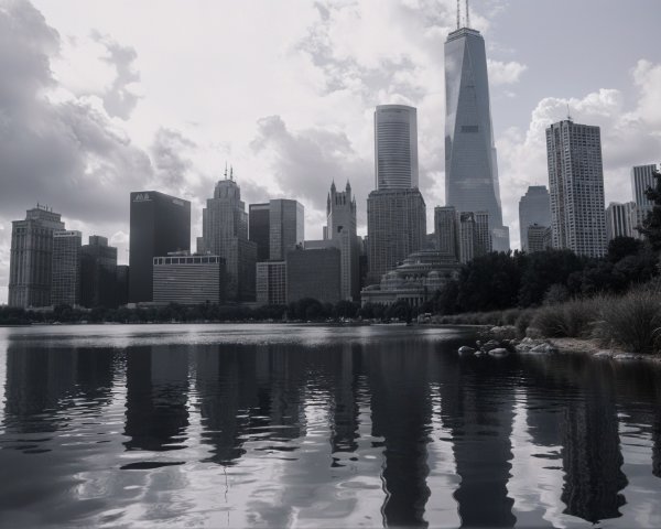 Black-and-white city skyline reflection on water