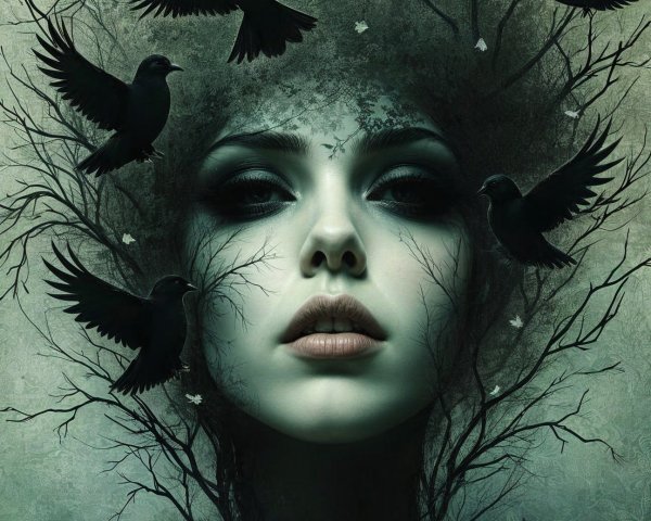 Surreal Portrait of Woman with Tree-Like Hair and Crows