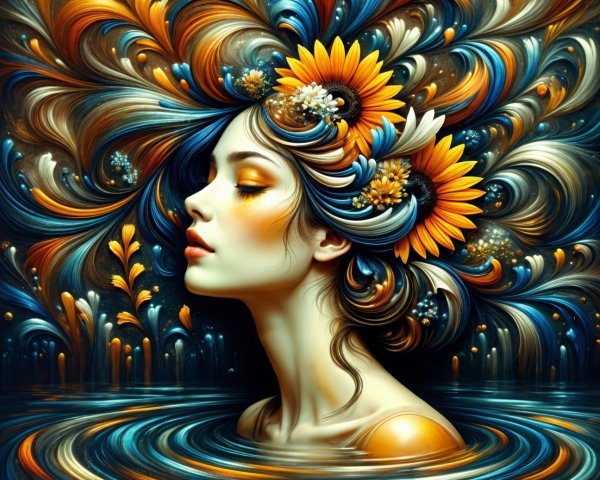 Ethereal Woman in Colorful Swirling Waters