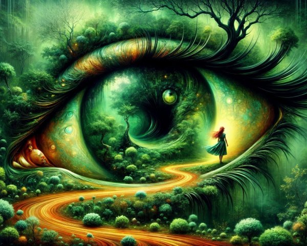 Surreal landscape within a giant eye with vibrant greens