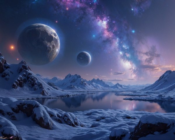 Extraterrestrial Landscape with Mountains and Galaxies