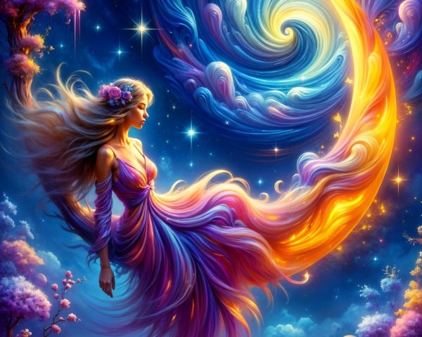Celestial Woman in Vibrant Night Sky with Blossoms