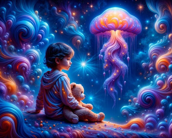 Child and Teddy Bear in a Cosmic Galaxy Scene