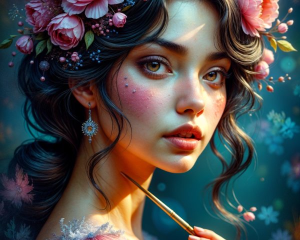 Young woman with floral crown and paintbrush in soft light