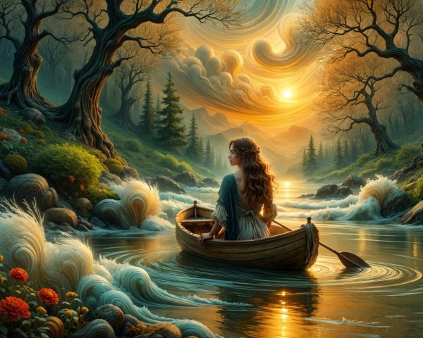 Young Woman in Boat on Serene Sunset River Scene