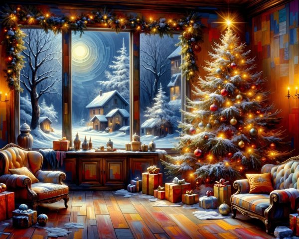 Cozy Christmas Living Room with Decorated Tree and Snow