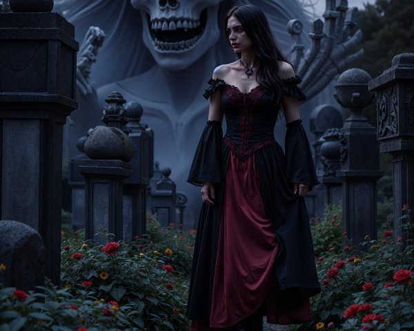 Mysterious Woman in Graveyard with Skeletal Figure