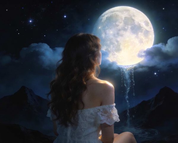 Surreal Night Sky with Moon and Woman in Lace Dress