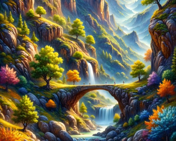 Vibrant Landscape with Mountains and Waterfalls