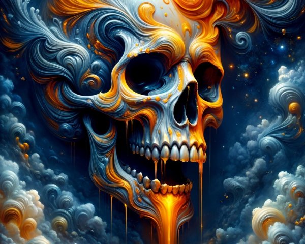 Surreal Skull with Vibrant Patterns and Cosmic Background