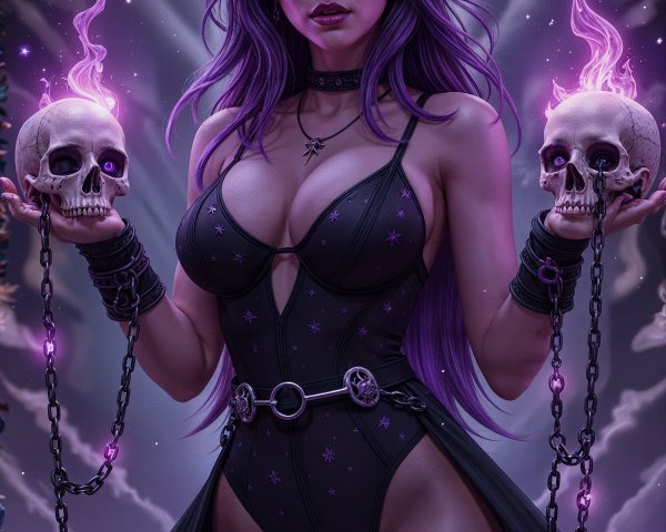 Mystical Woman with Purple Hair and Glowing Skulls