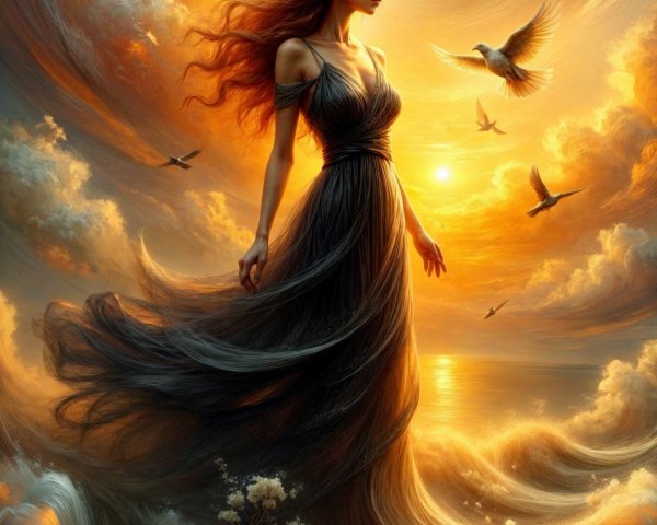 Ethereal Figure Surrounded by Clouds and Waves at Sunset