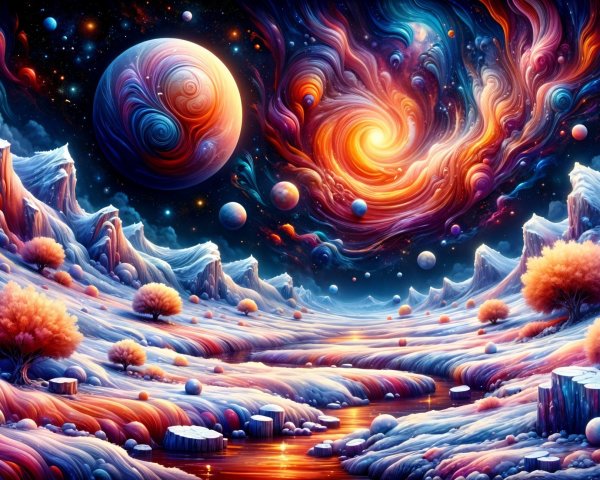 Vibrant Cosmic Landscape with Galaxies and Planets