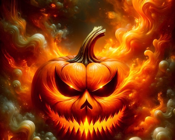 Menacing Jack-o'-lantern Surrounded by Flames and Smoke