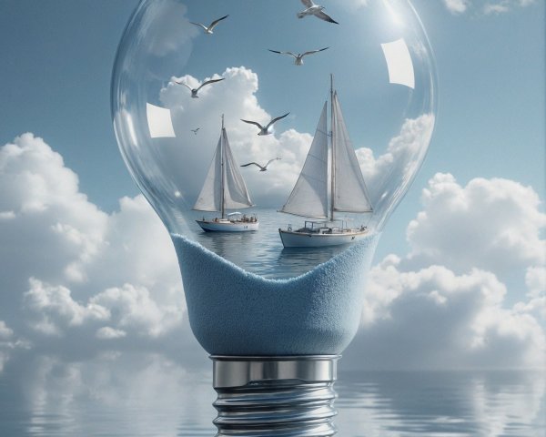 Surreal Light Bulb with Sailboats and Calm Waters