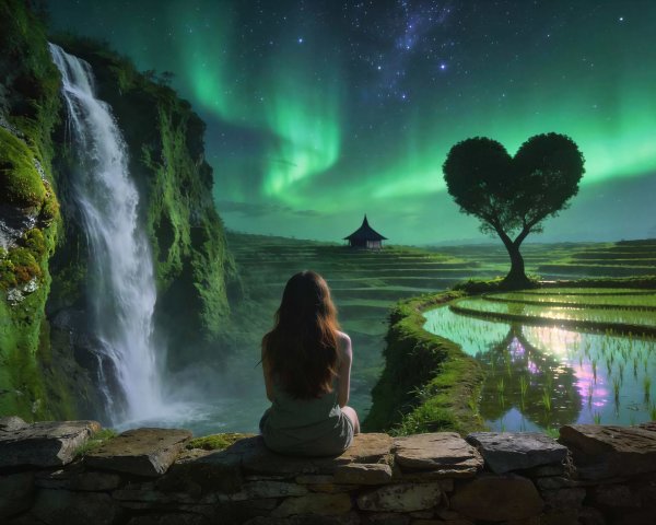 Young woman in ethereal garment by waterfall landscape