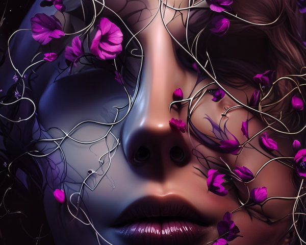 Surreal Face Concealed by Vines and Purple Flowers