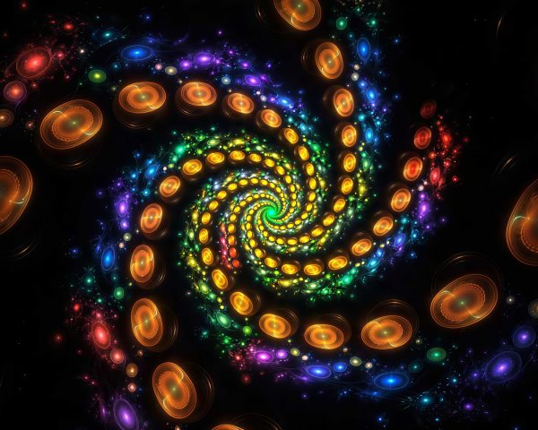 Colorful Spiral Fractal with Circles and Dots on Black