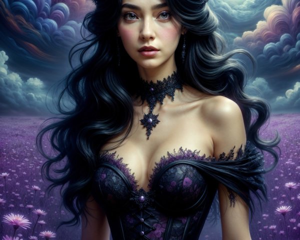 Mystical Woman in Violet Flower Field at Night