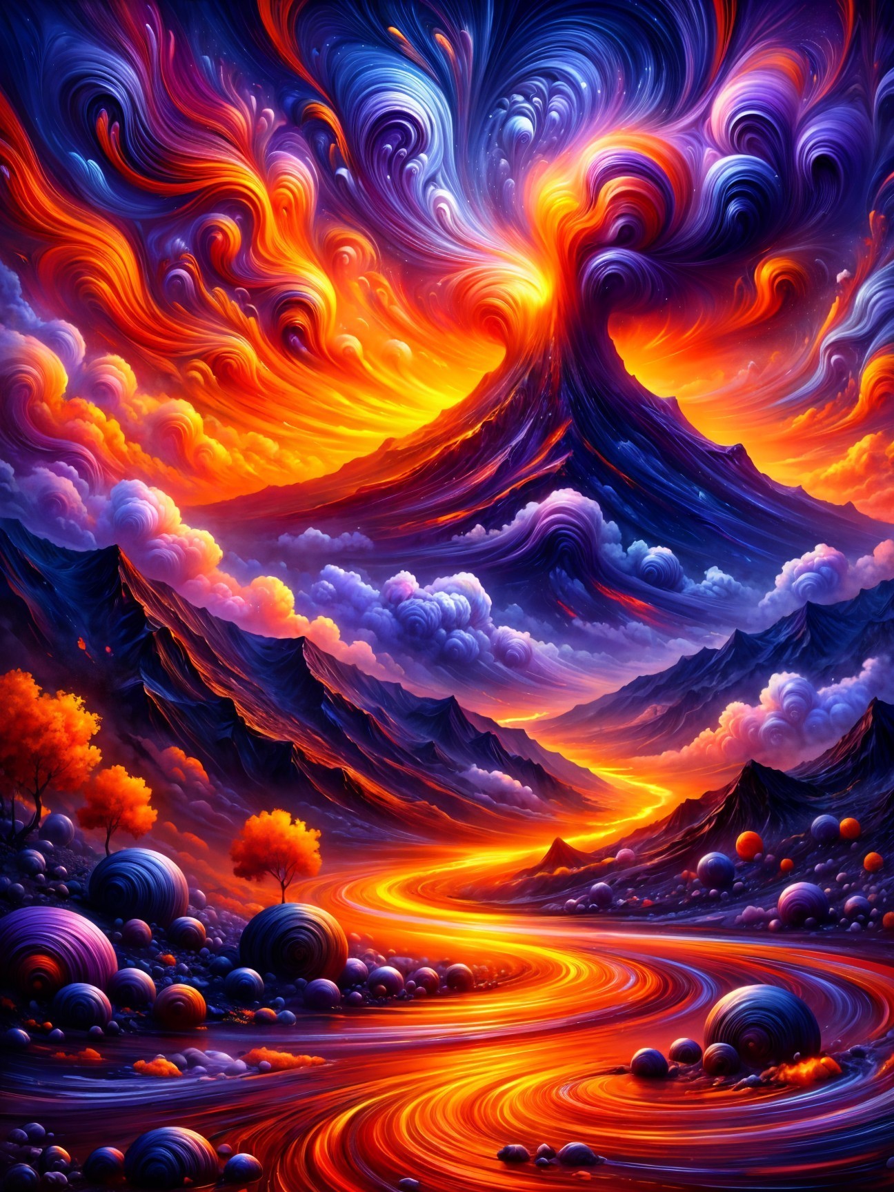 Surreal Landscape with Volcano and Molten Lava River