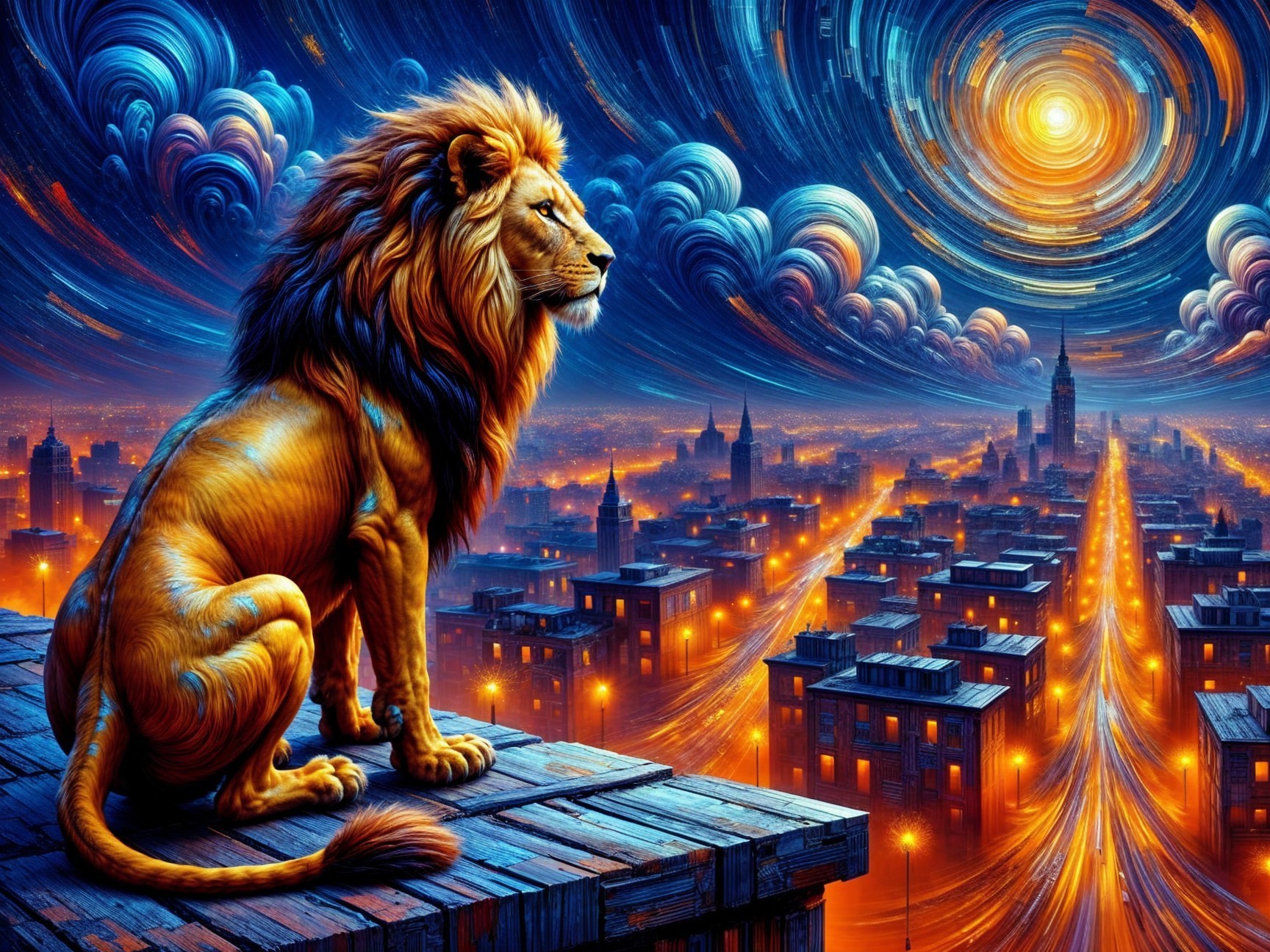 Lion Overlooking Vibrant Cityscape at Dusk