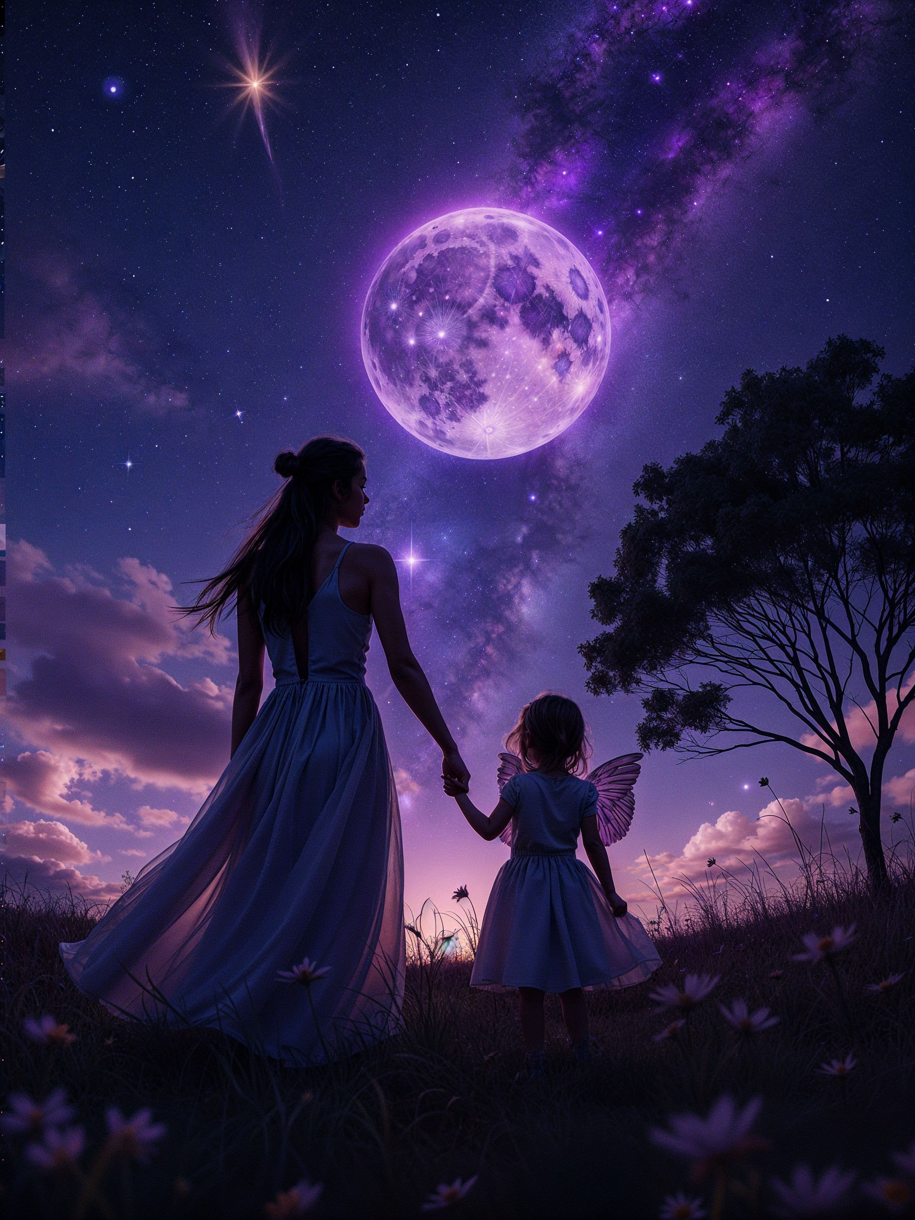 Twilight Scene with Woman, Girl, and Purple Moon
