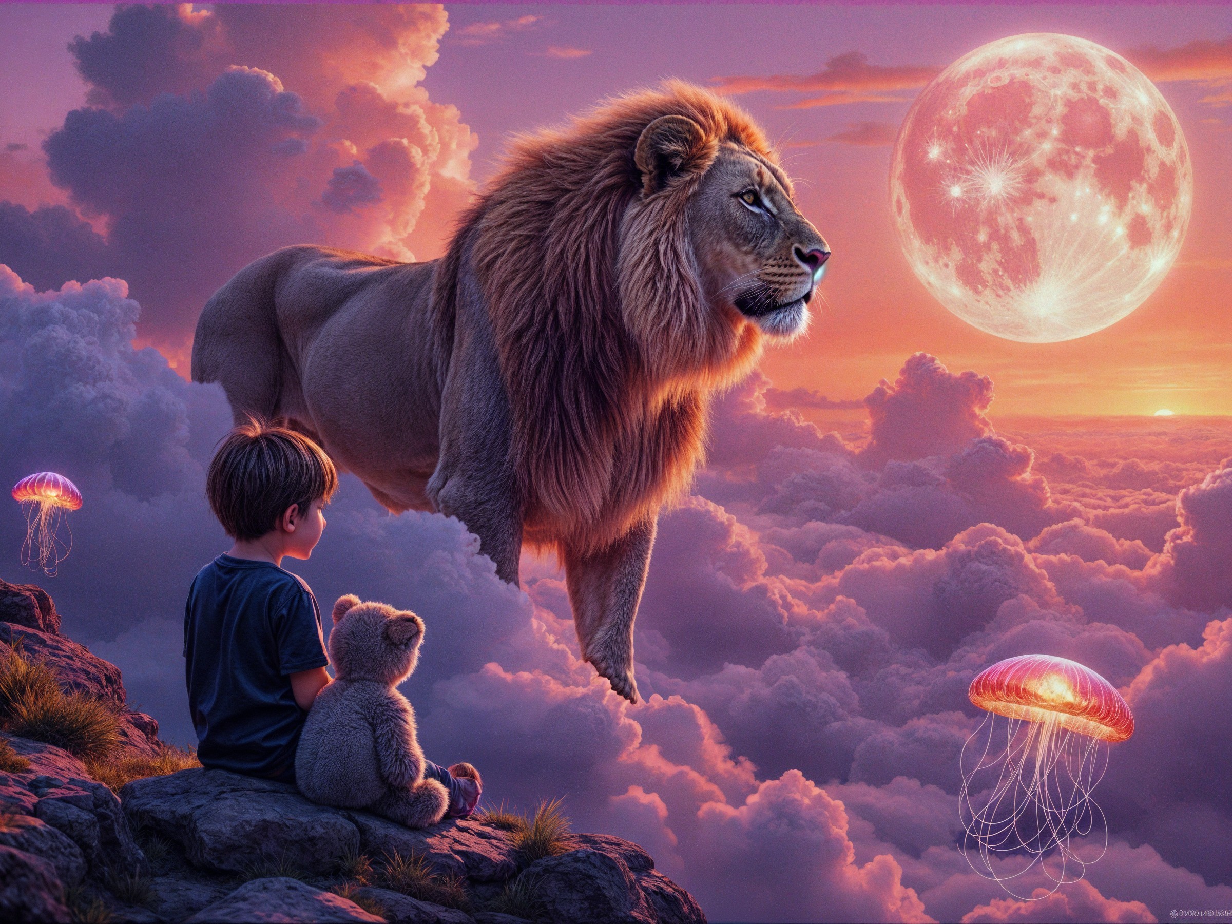 Young boy with teddy bear gazes at lion under moon