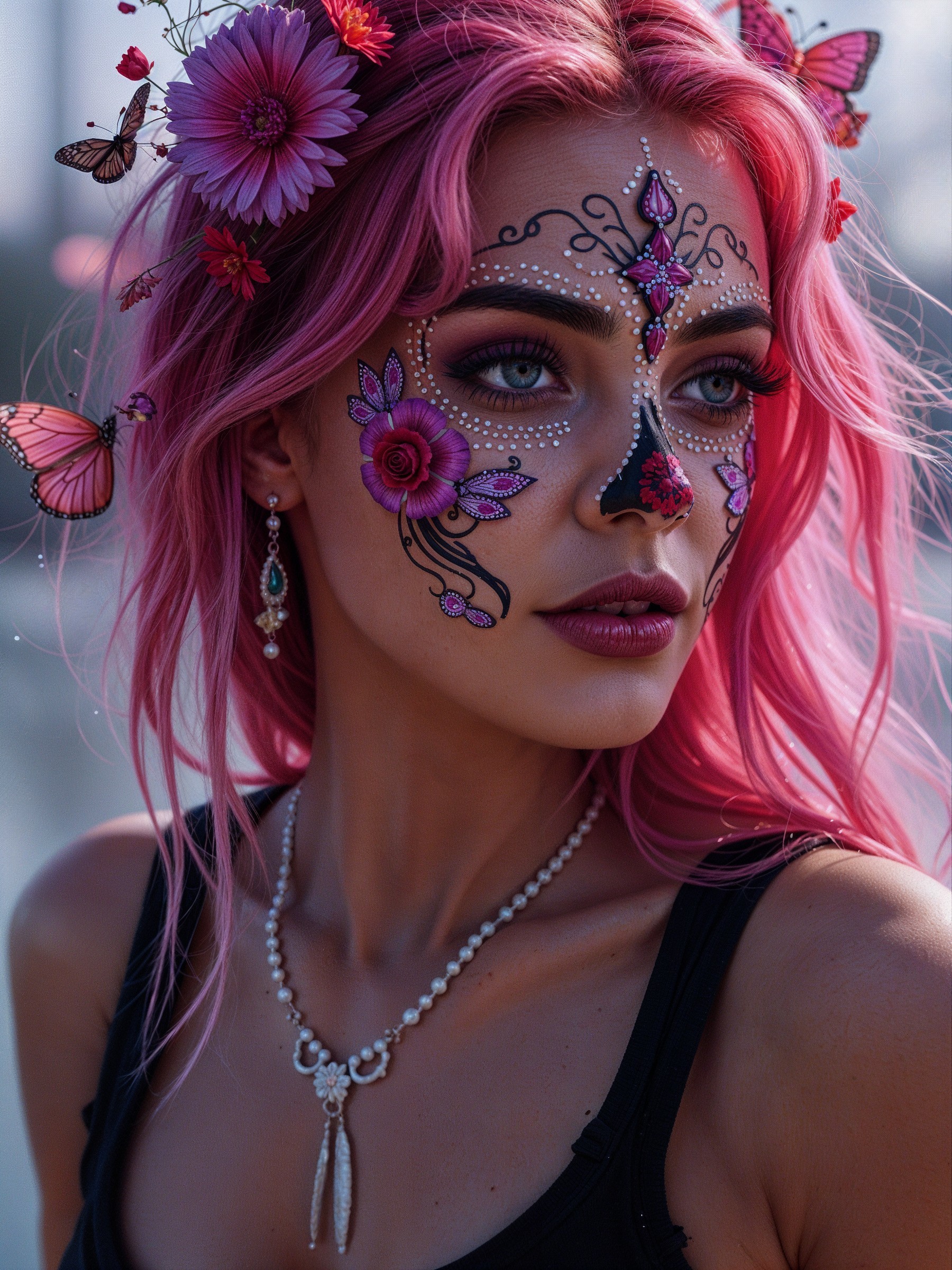 Vibrant Woman with Pink Hair and Floral Accents