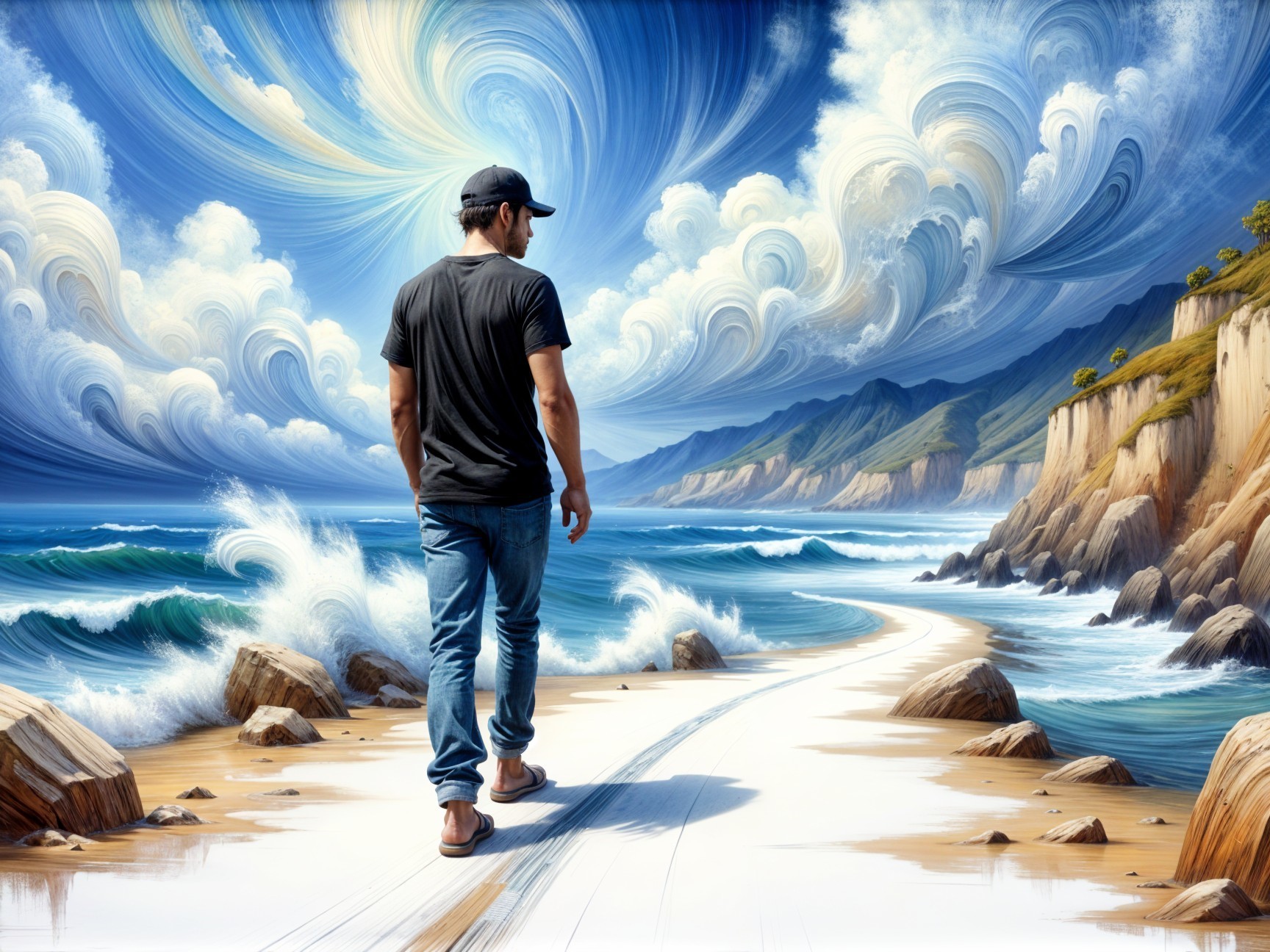 Lone Figure on Winding Beach Path with Rocky Shores