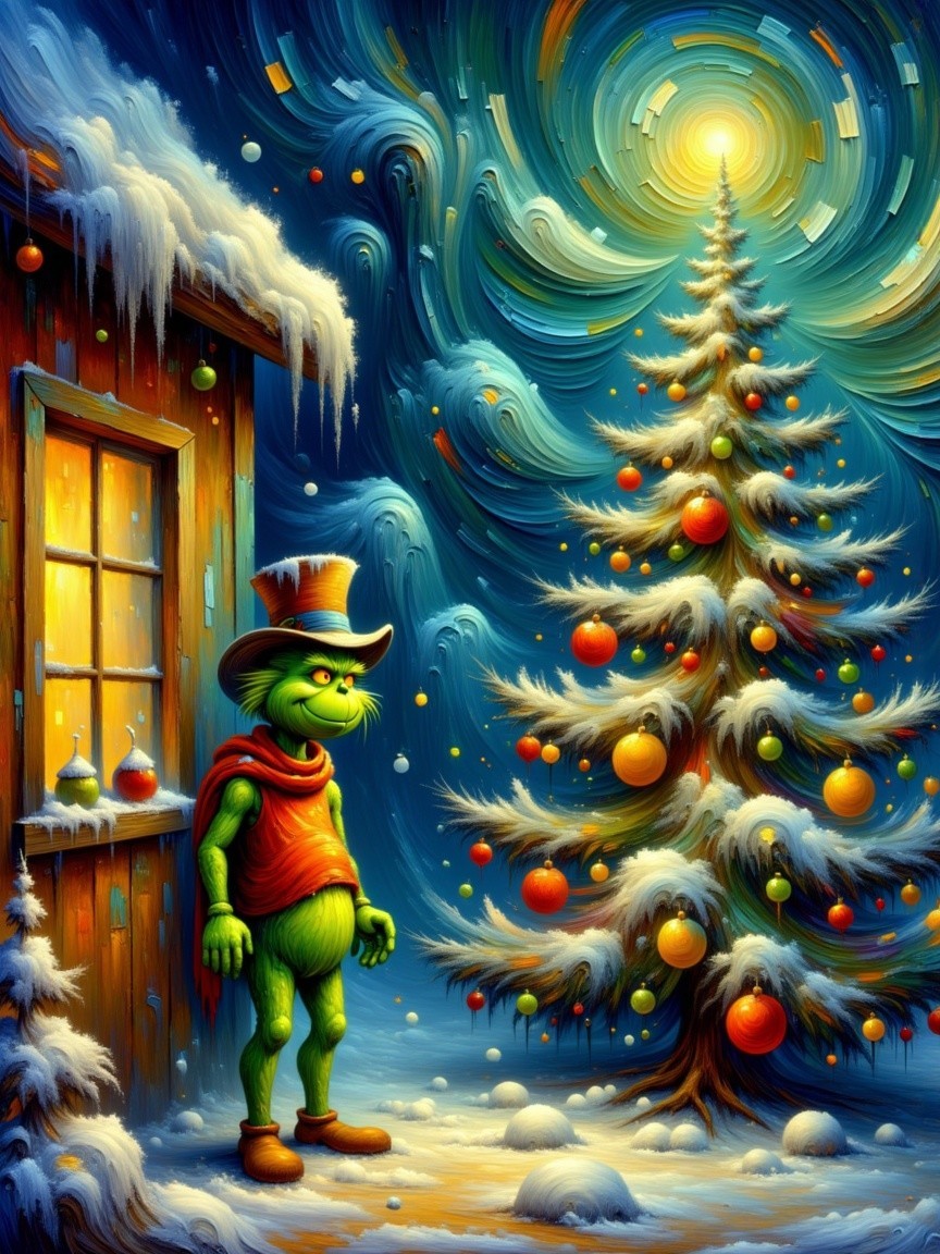 Grinch Character in Snowy Landscape with Christmas Tree