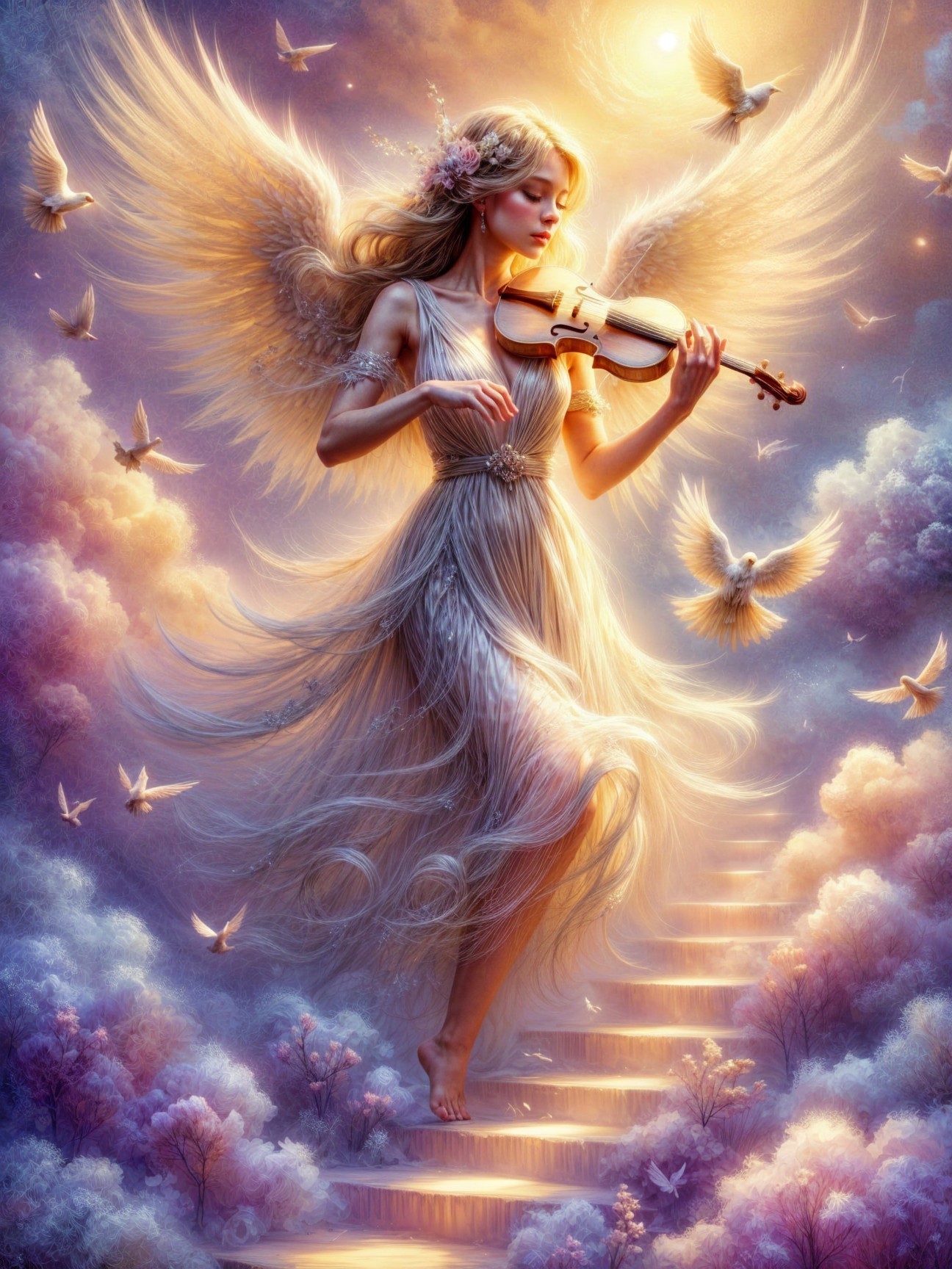 Angelic Woman Playing Violin Among Doves and Clouds