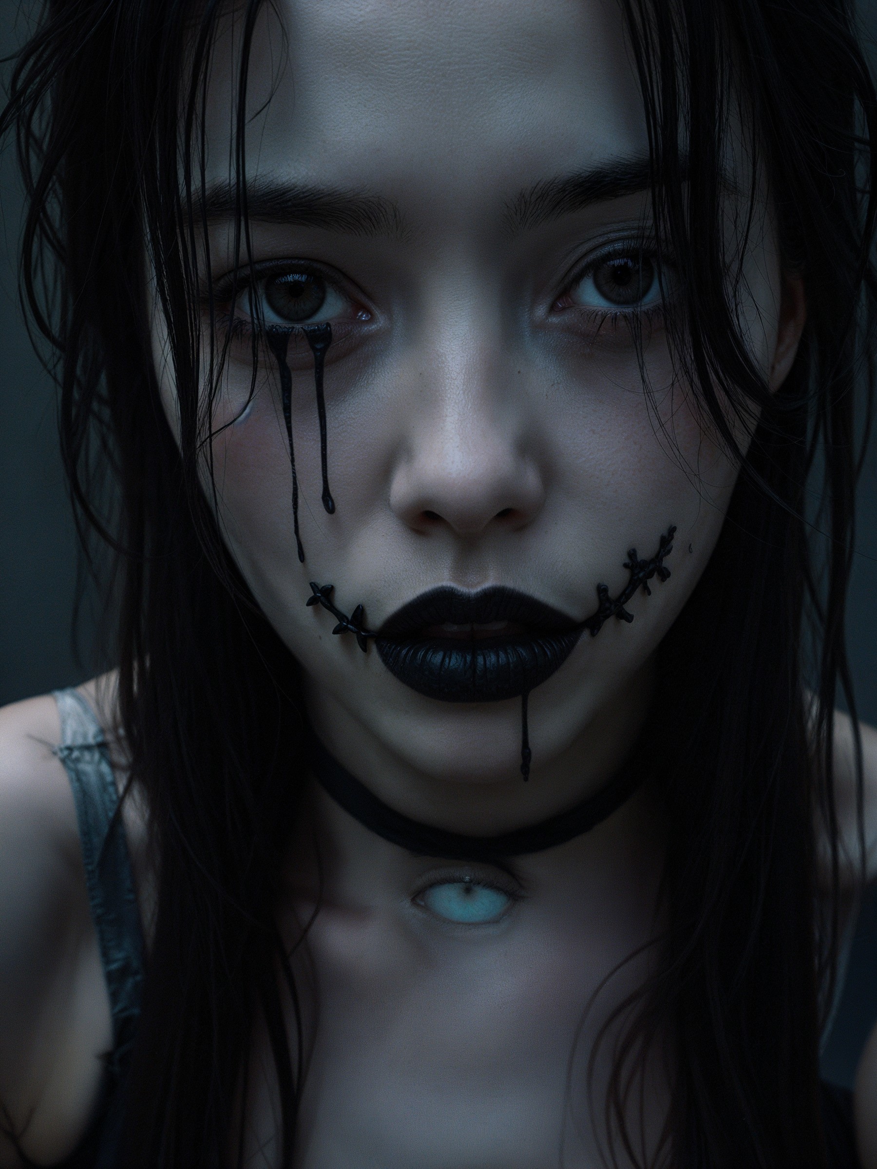 Close-Up of Pale Skin and Dark Hair with Eerie Makeup