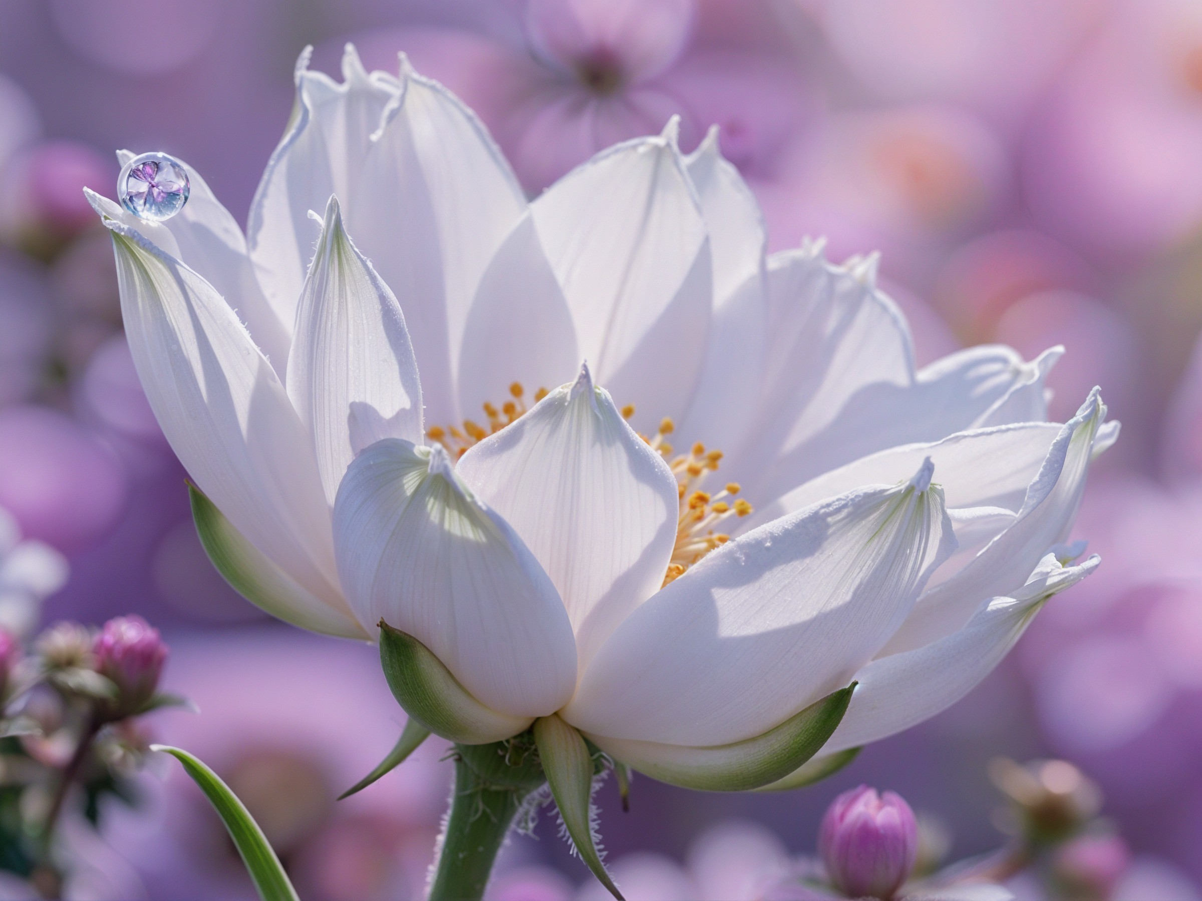 White Lotus Flower with Yellow Center and Dewdrop