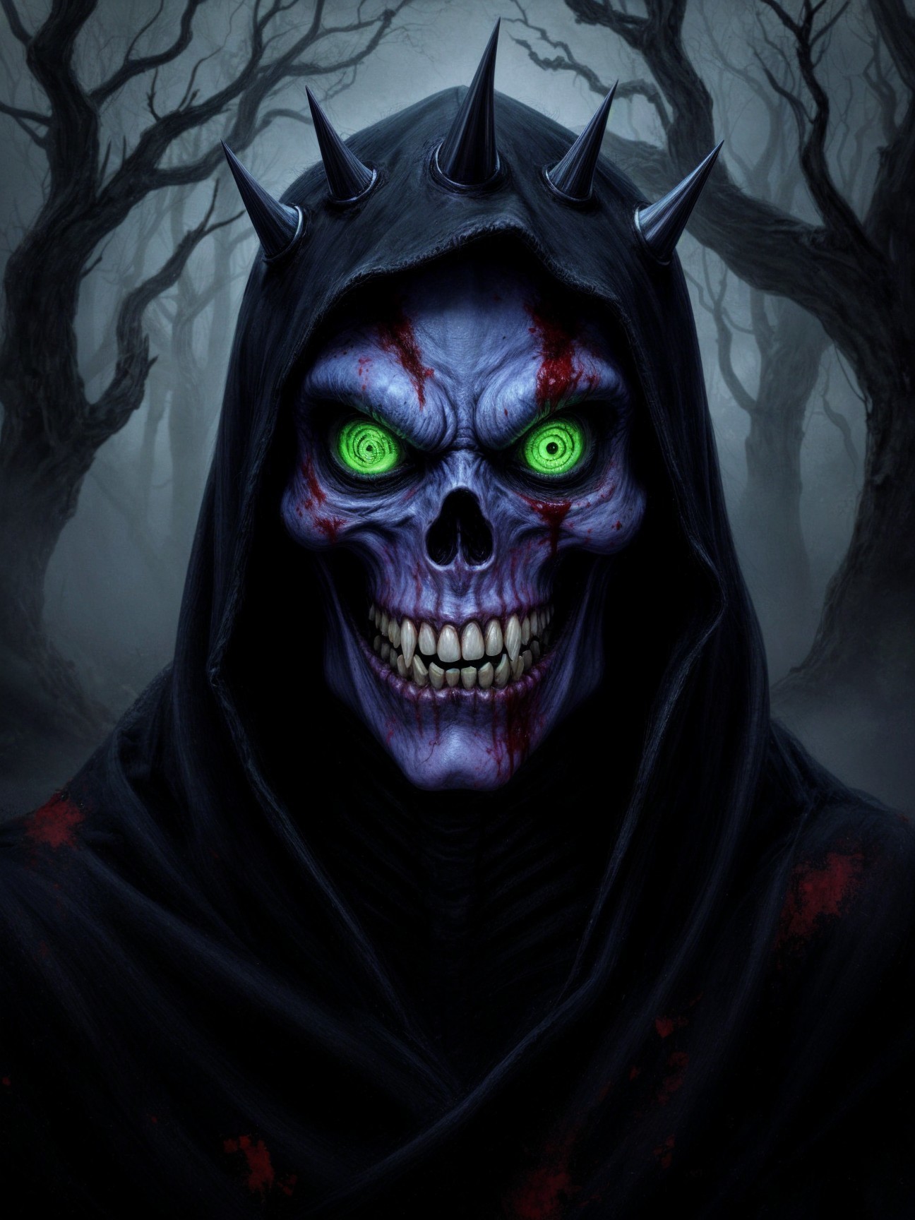 Menacing figure with skull face and dark surroundings