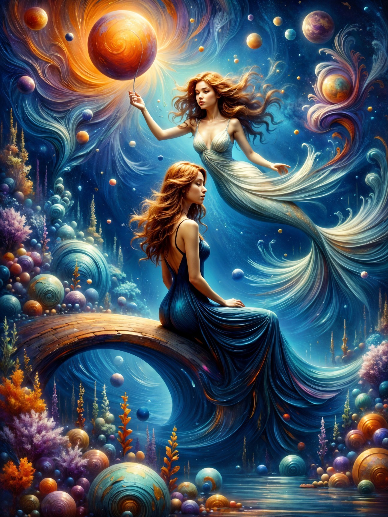 Surreal Cosmic Landscape with Ethereal Women