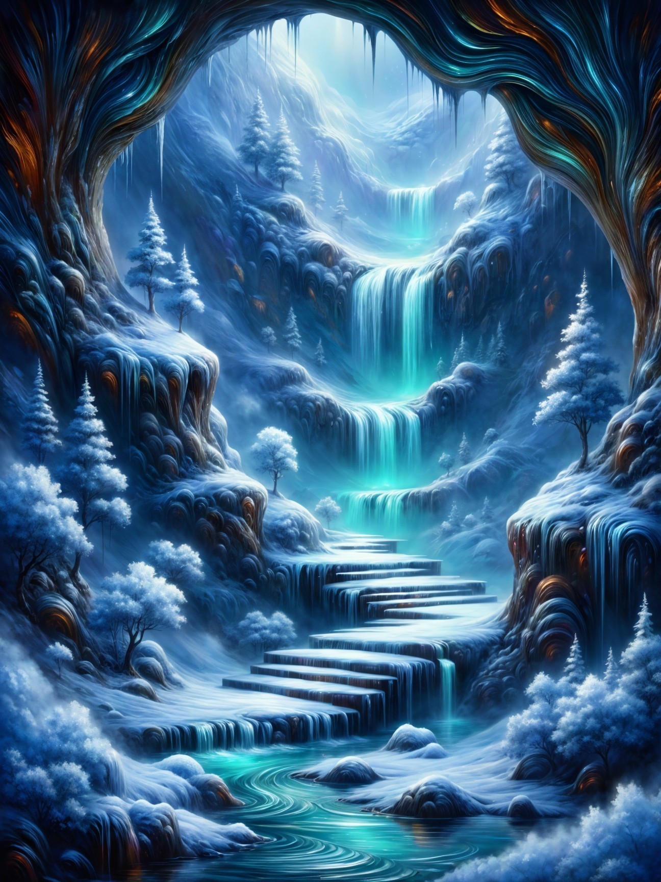 Winter Scene in a Shimmering Ice Cave with Waterfalls