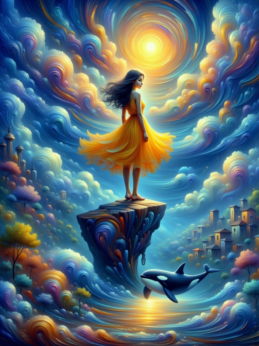 Young woman in yellow dress on rocky cliff with orca