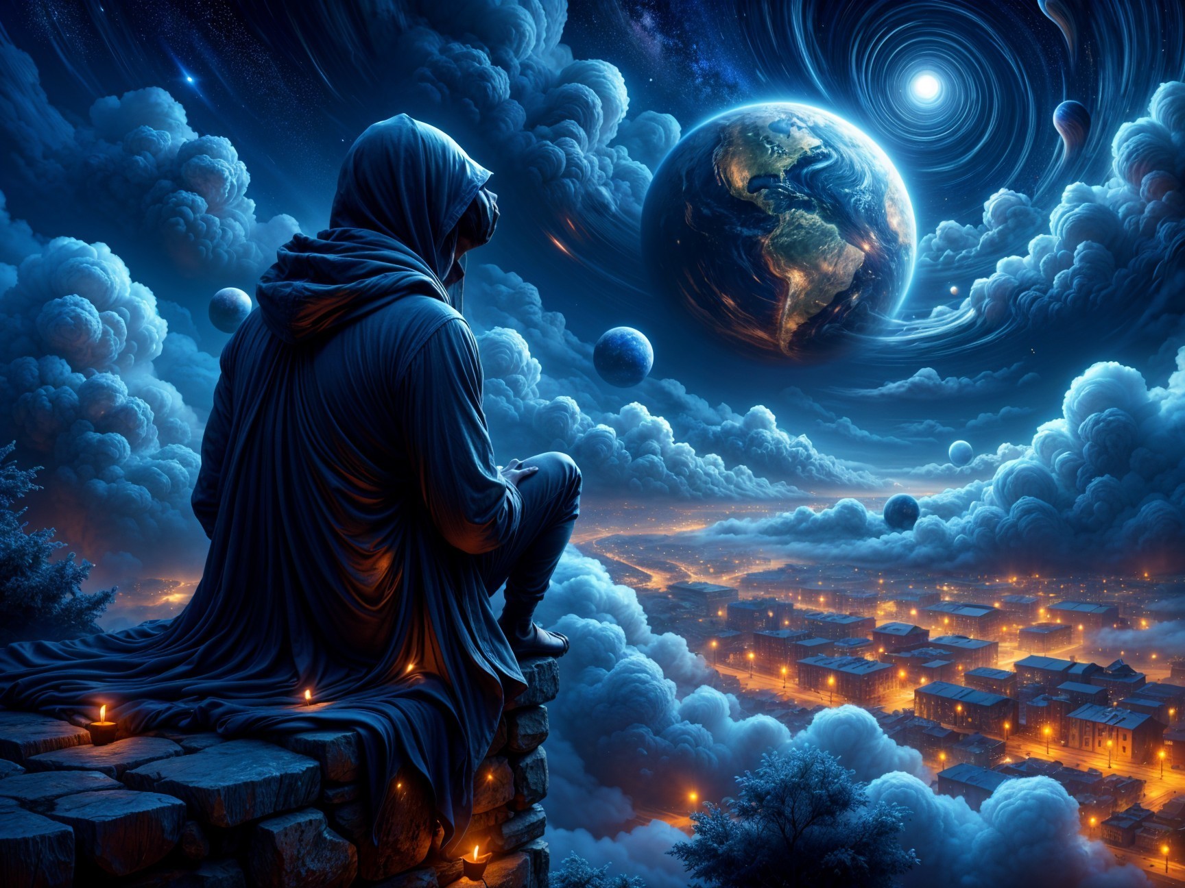 Cloaked Figure Contemplating Cosmic Landscape