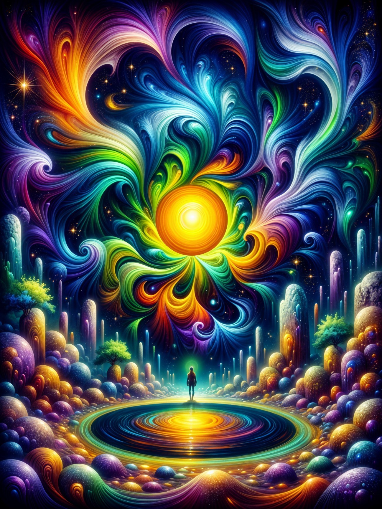 Vibrant Cosmic Landscape with Radiant Sun and Pool