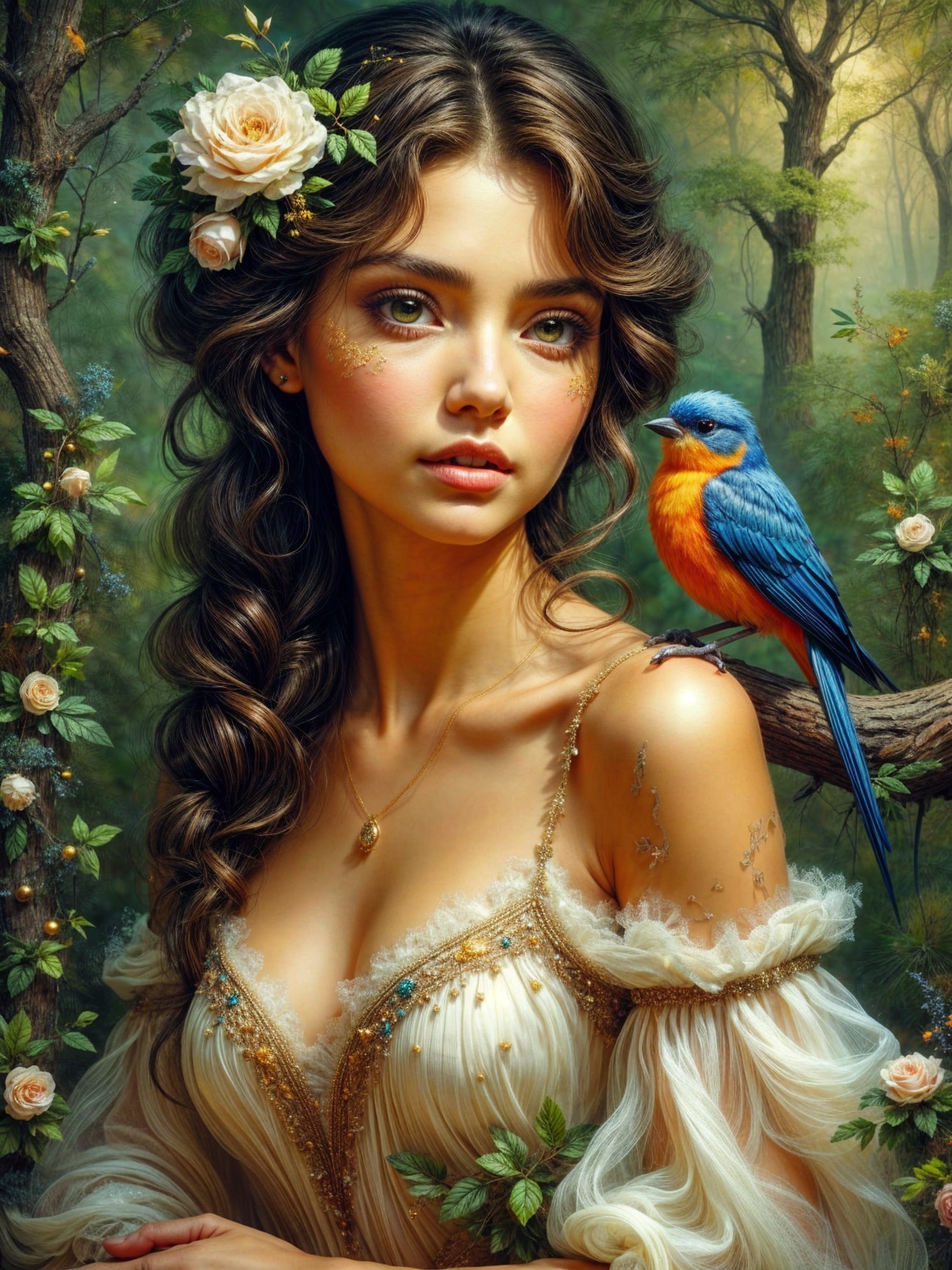 Young woman in ethereal gown with floral accents