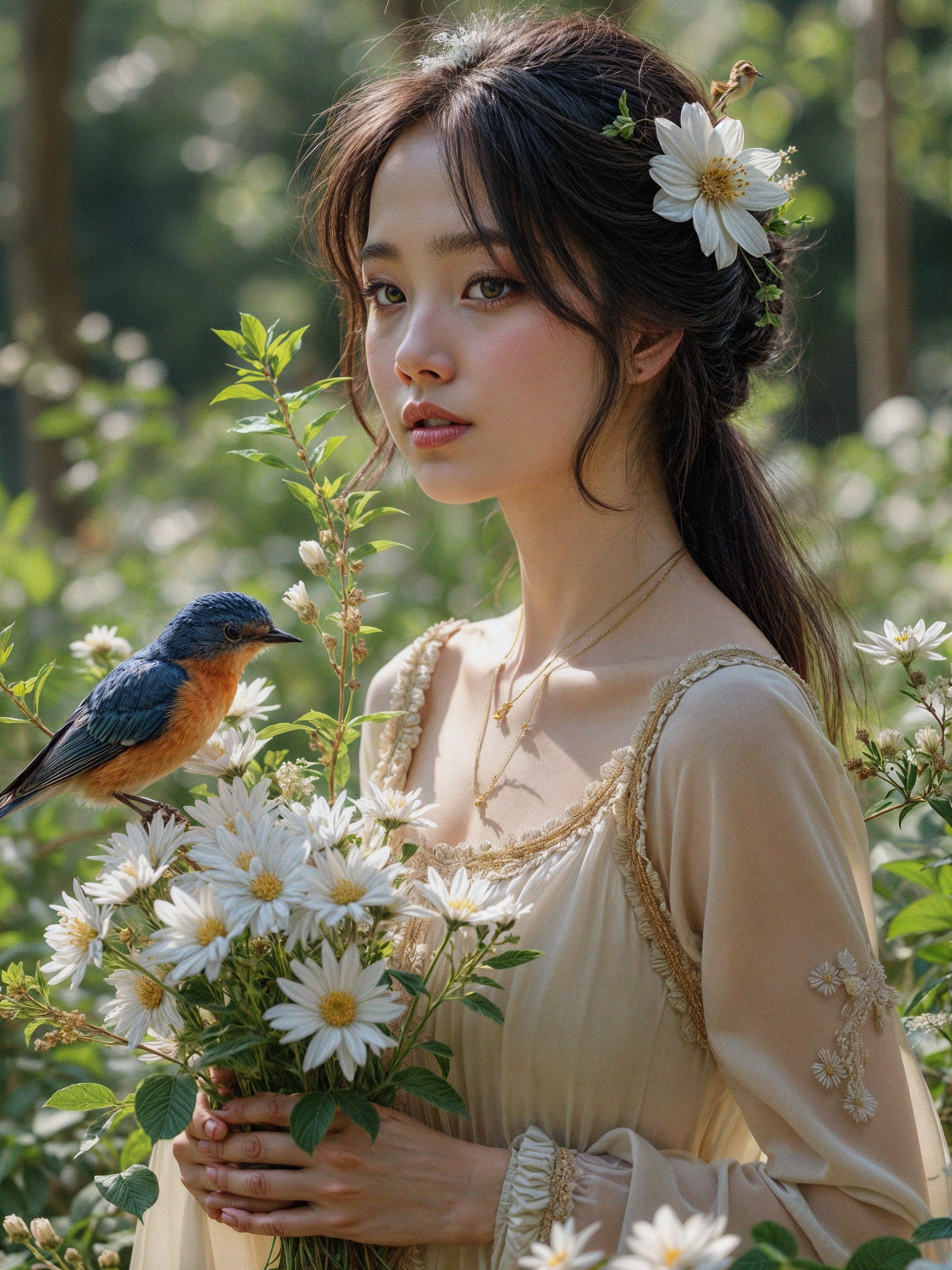 Young woman in meadow with flowers and bluebird