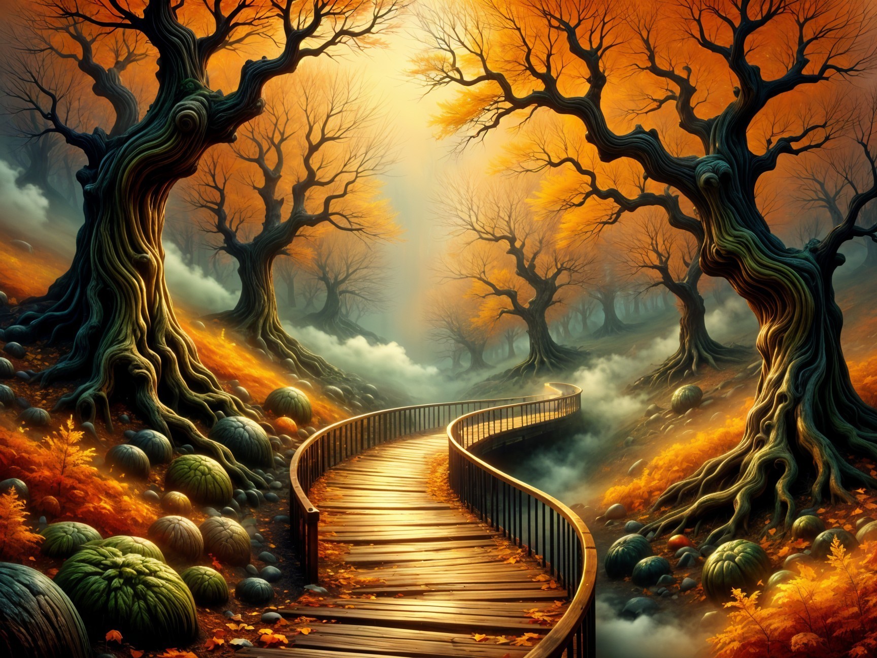 Winding Wooden Path in an Autumn Forest Landscape