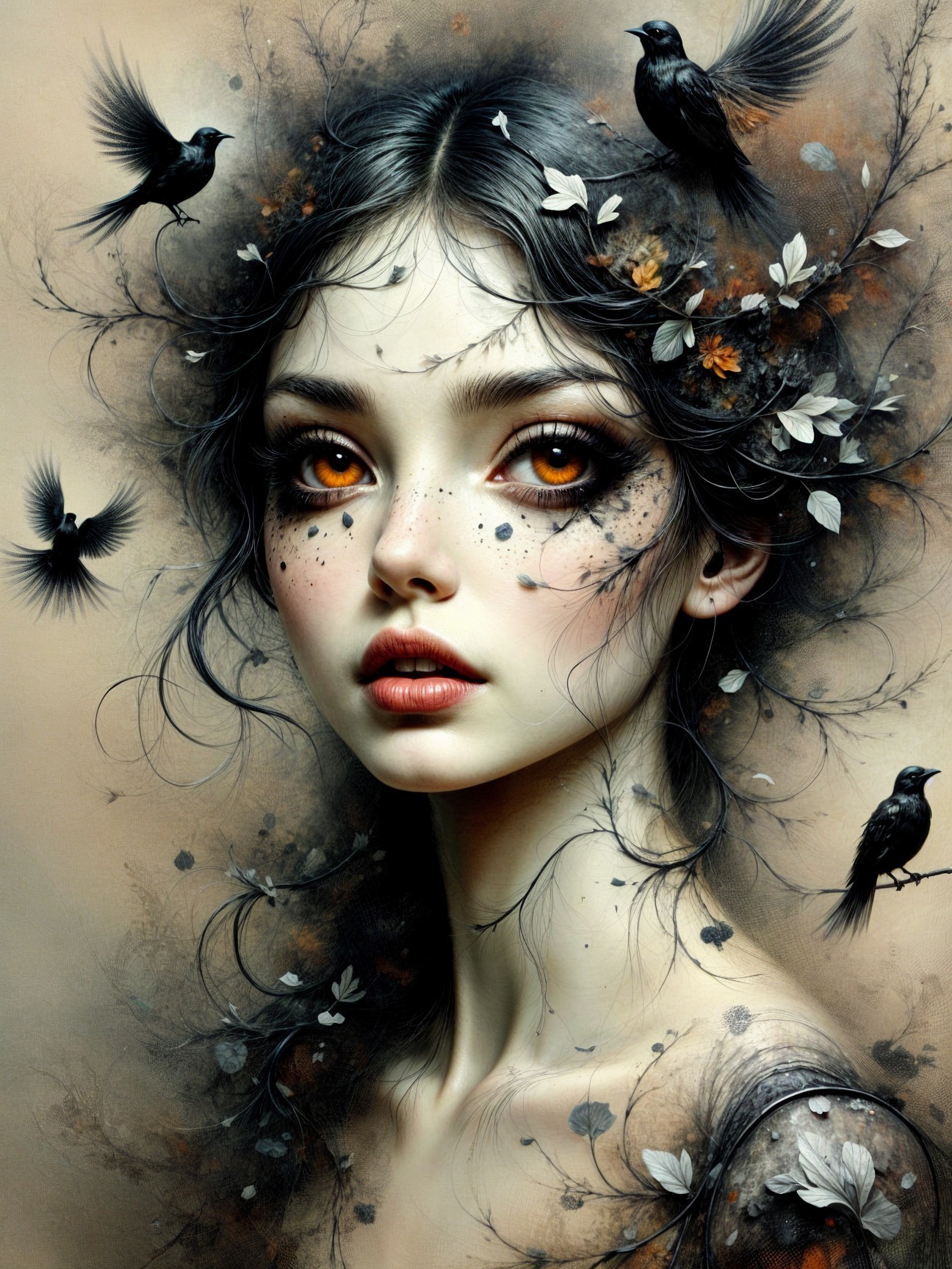 Mystical Young Woman with Amber Eyes and Nature Elements
