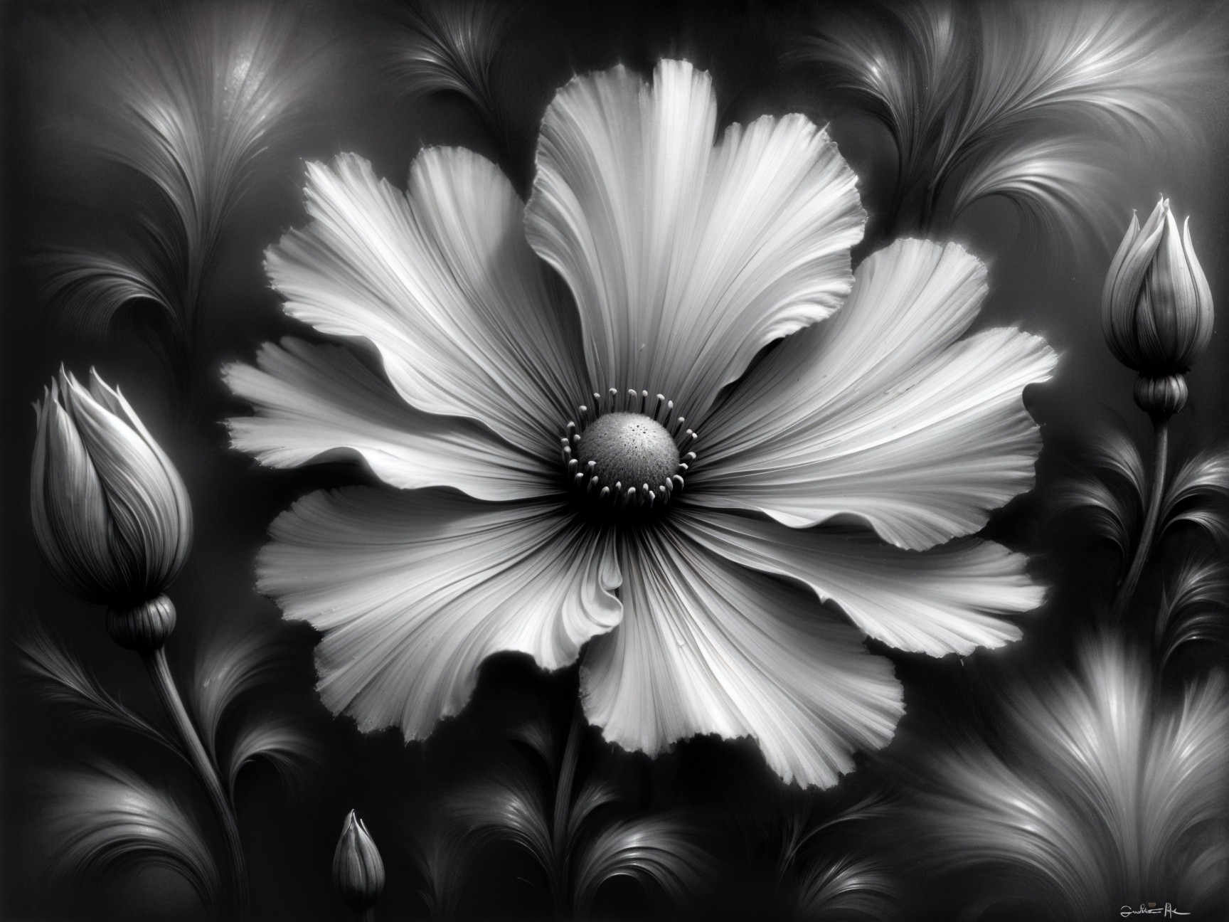 Black and White Floral Composition with Oversized Flower